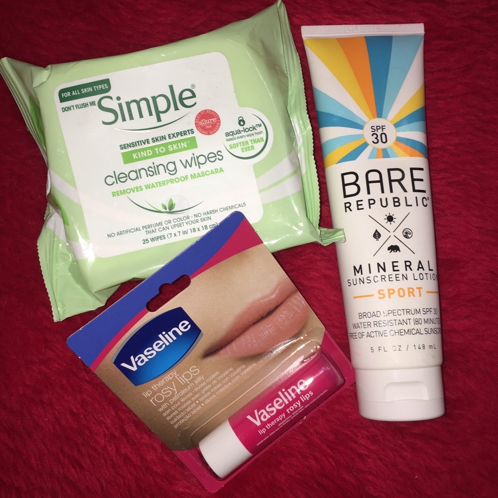 Simple wipes bare sports sunblock Vaseline lip